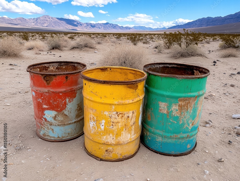 Three colorful, weathered barrels on sandy terrain with mountains in the background.