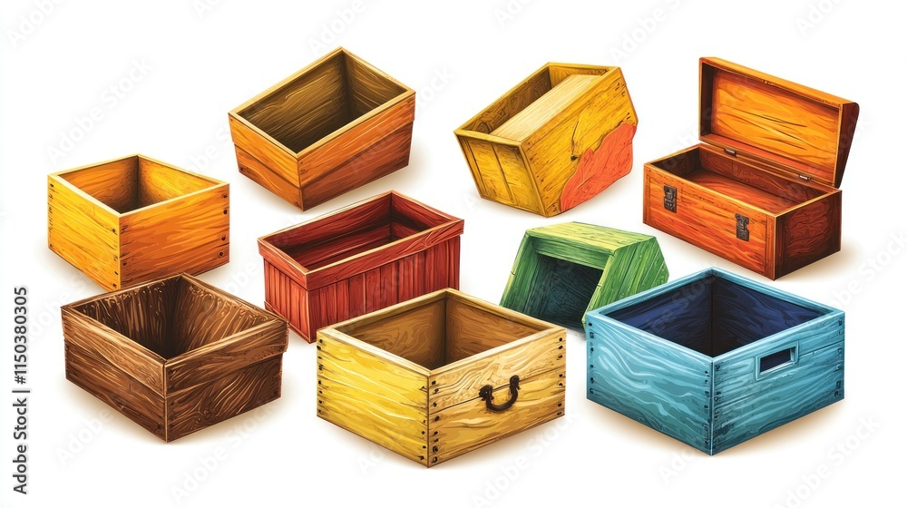 Collection of various empty wooden and painted boxes in different angles and colors on white background. Collection of various empty wooden and painted boxes in different angles and colors on white background.