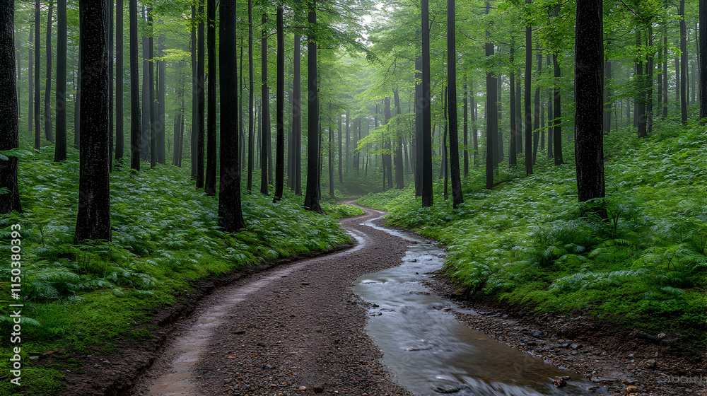 Obraz premium Misty forest path with stream.