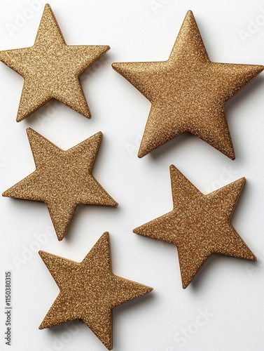 A photostock of bright metallic golden stars arranged symmetrically, isolated on a clean white background, shiny and festive, High Quality