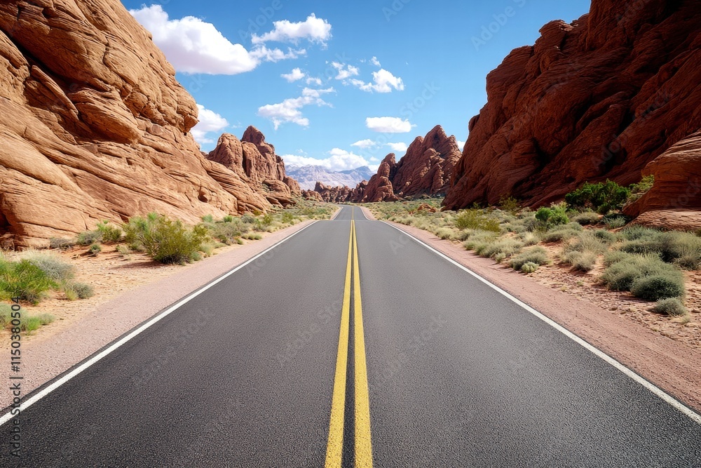 Open road through stunning red rock formations under a clear blue sky. Open road through stunning red rock formations under a clear blue sky.