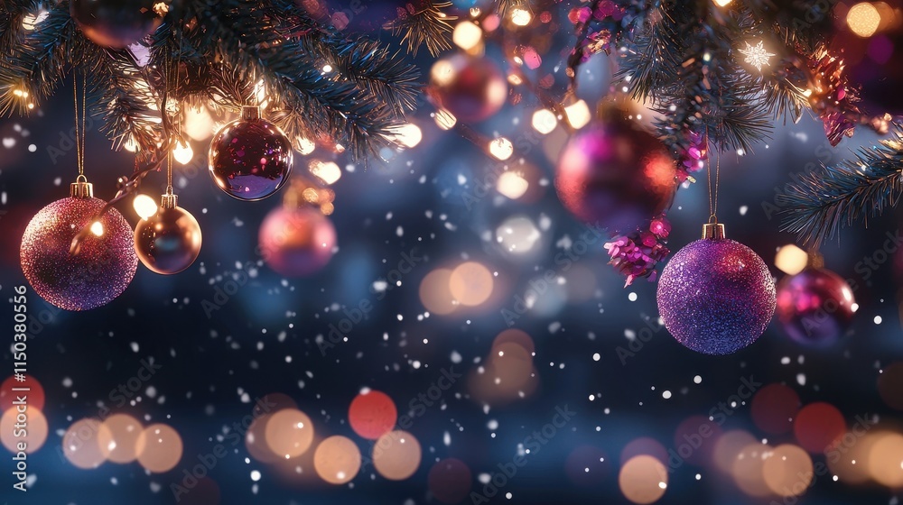 Festive Background with Glittering Ornaments and Winter Snowfall Festive Background with Glittering Ornaments and Winter Snowfall