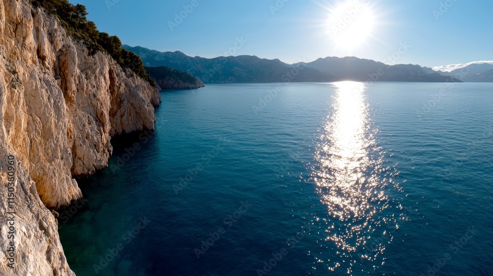 A view of the sun shining over the water from a cliff A view of the sun shining over the water from a cliff