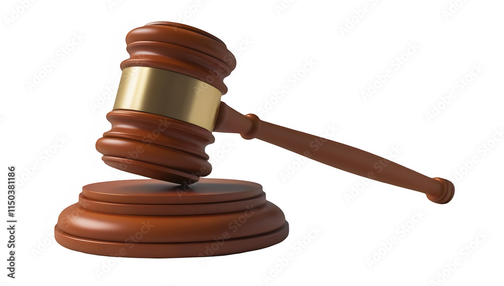 Wooden gavel with brass band on sound block isolated on transparent background Wooden gavel with brass band on sound block isolated on transparent background