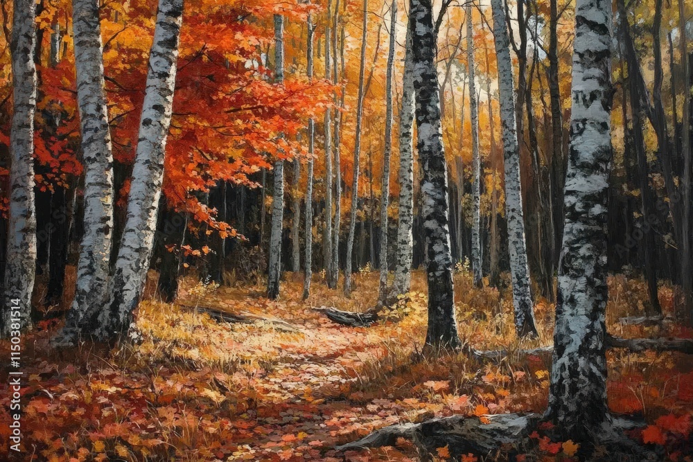 Bright Autumn Forest Path with Vibrant Orange and Red Leaves Bright Autumn Forest Path with Vibrant Orange and Red Leaves