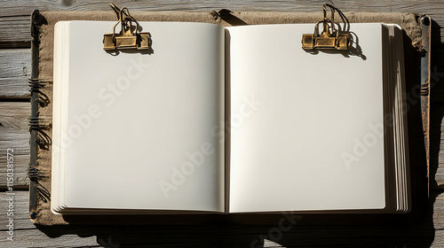 Open blank vintage notebook with brass clips on wooden background.