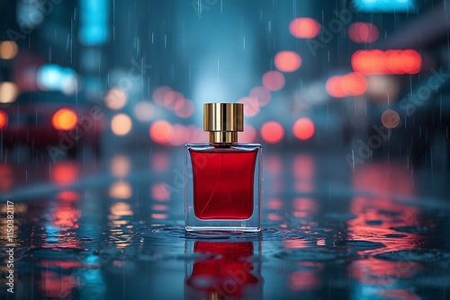 Red Perfume Bottle on a Rainy City Street. A captivating image of a red perfume bottle positioned on a wet city street during a rain shower. photo