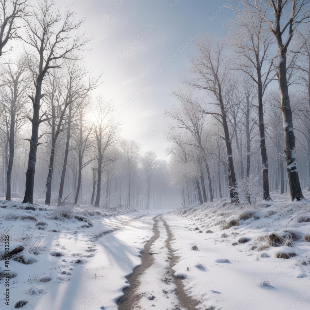 Obraz premium Frosty forest landscape with bare trees and snow-covered ground, serene, trees