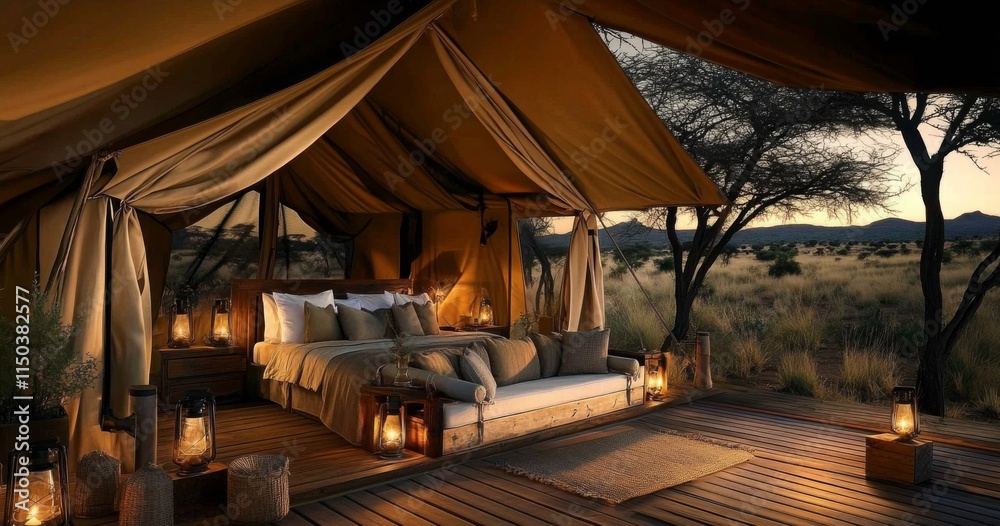 Fototapeta premium Exclusive Safari Tent in the Wild with Luxurious Decor and Private Savanna Vista