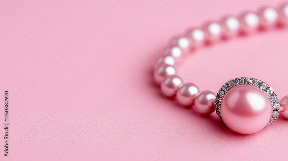 A pink pearl necklace on a pink background A pink pearl necklace on a pink background