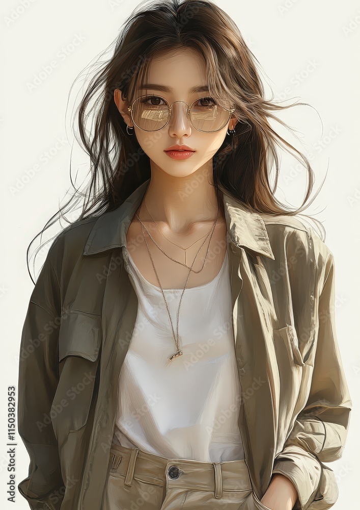 Stylish woman in sunglasses and casual outfit with flowing hair Stylish woman in sunglasses and casual outfit with flowing hair