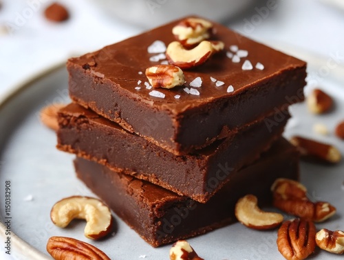 A stack of rich chocolate fudge topped with nuts and sea salt on a plate.