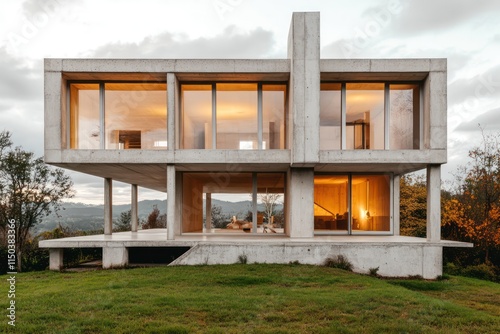 A minimalist modern home front elevation with a monolithic concrete structure and asymmetrical windows. photo