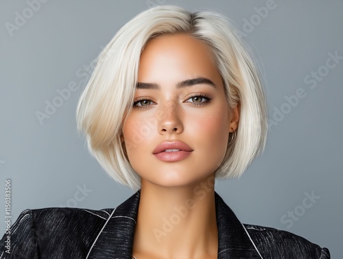 A woman with blonde hair wearing a black jacket