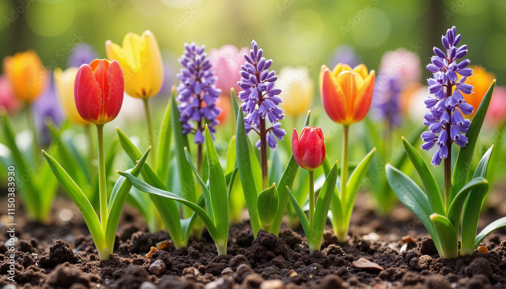 Garden Flowers in Bloom, Including Tulips and Hyacinths, with Visible Soil Roots Garden Flowers in Bloom, Including Tulips and Hyacinths, with Visible Soil Roots