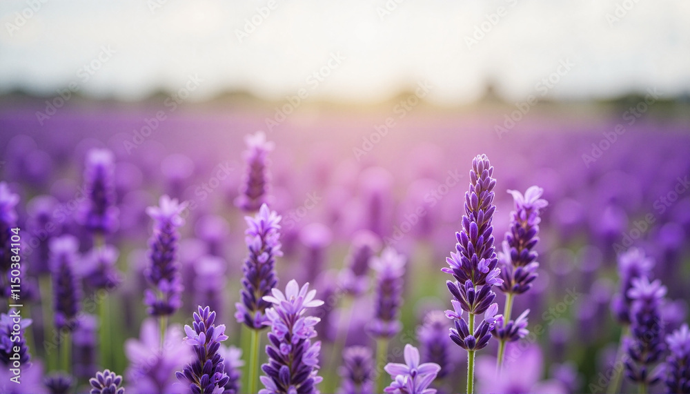Fototapeta premium Lavender Field in Bloom with Rich Purple Flowers and Blurred Horizon