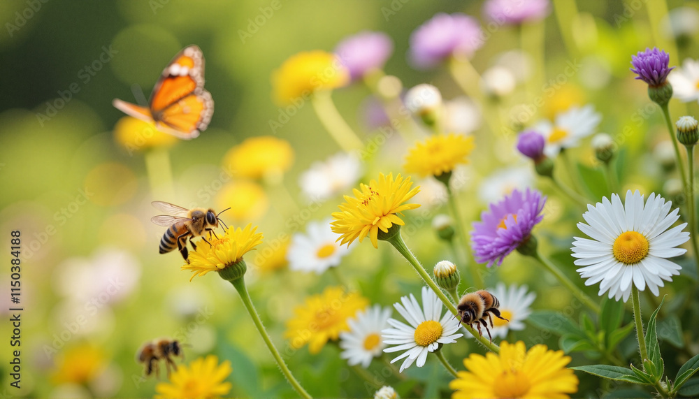 Fresh Wildflowers in Bloom with Bees and Butterflies Hovering Nearby Fresh Wildflowers in Bloom with Bees and Butterflies Hovering Nearby