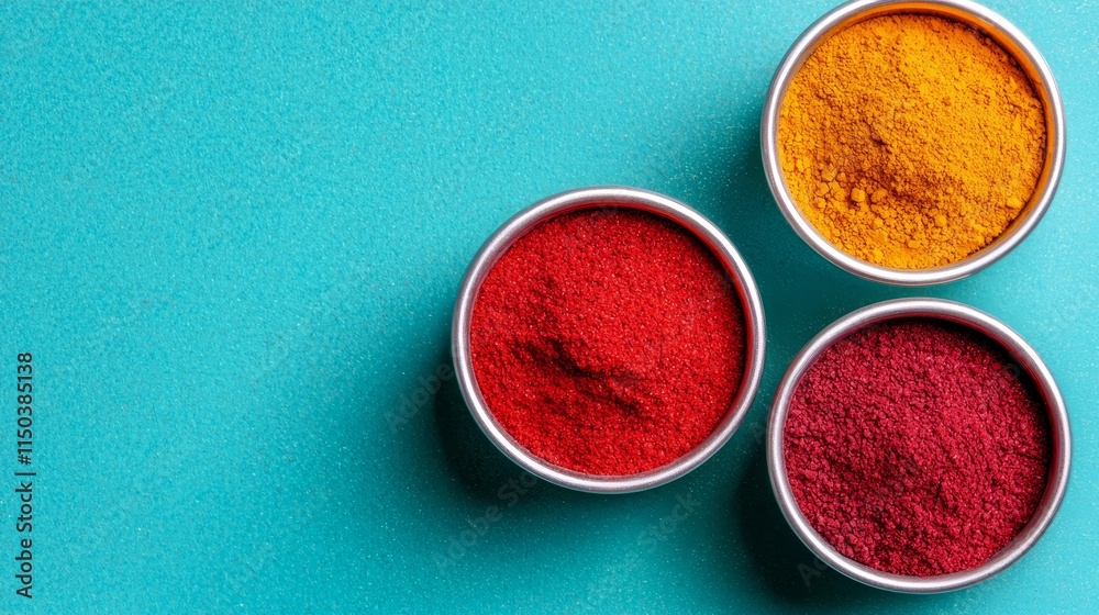 Three tins of red, yellow and orange powder on a blue background Three tins of red, yellow and orange powder on a blue background