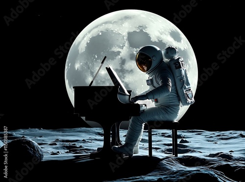 Astronaut playing piano on the Moon with the Earch in the background. photo