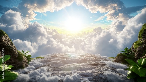 A view of the sun shining through the clouds over a rocky landscape