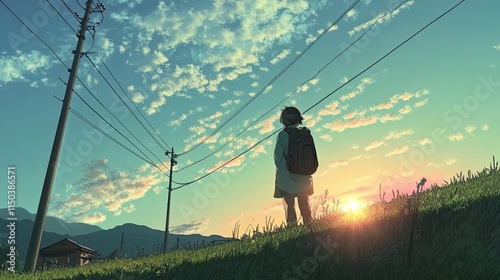 Anime Girl Contemplates Sunset Landscape, Rural Setting with Power Lines and Grassy Hill, Serene Evening Atmosphere.