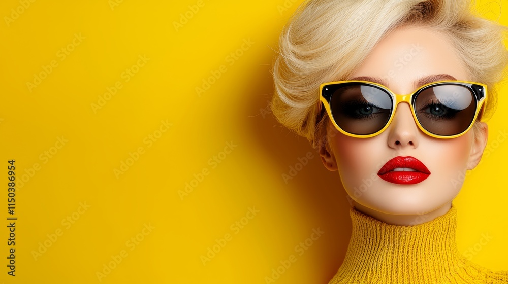 A woman wearing a yellow sweater and sunglasses A woman wearing a yellow sweater and sunglasses