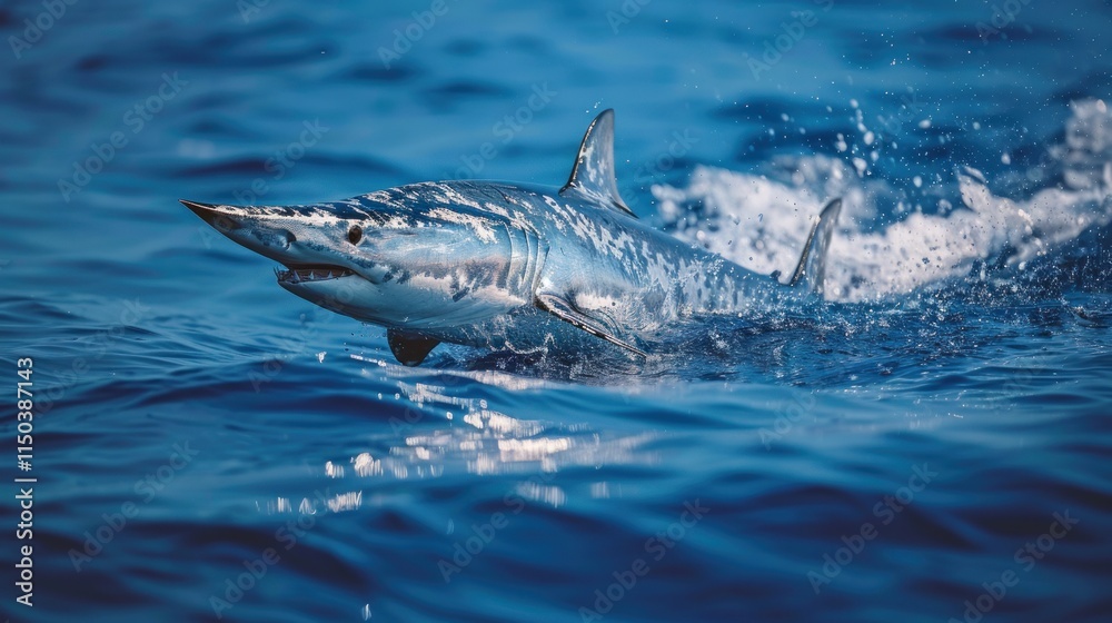Fototapeta premium A sleek, blue shark surfaces, its sharp teeth visible, cutting through deep blue ocean waves.