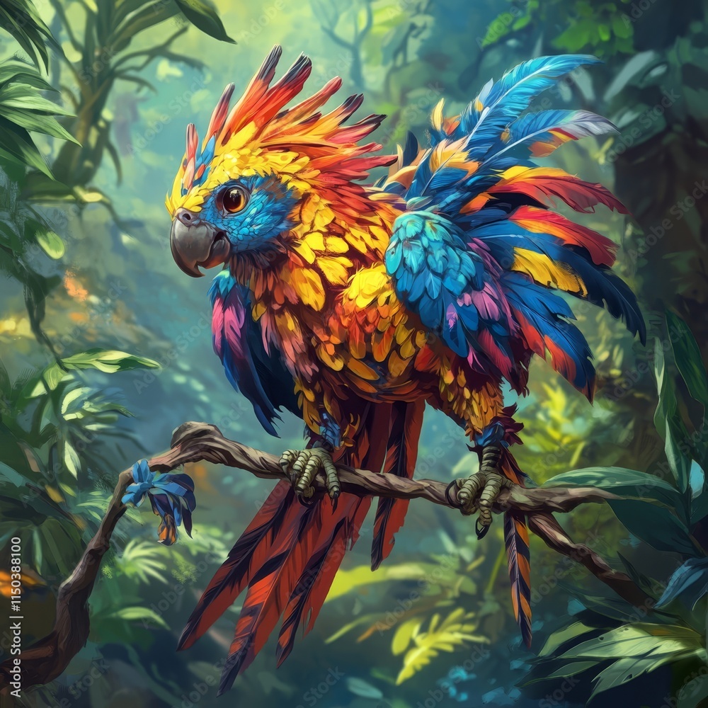 Fototapeta premium A colorful parrot sitting on a branch in a forest