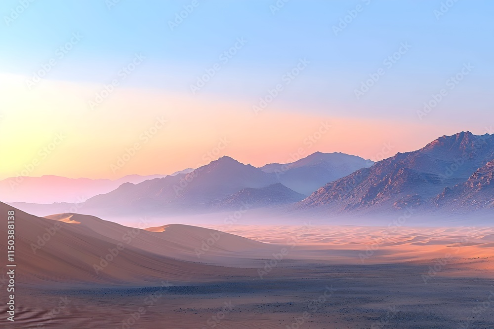 A serene desert landscape at sunrise, showcasing soft pastel colors, rolling sand dunes, and distant rugged mountains under a tranquil sky. A serene desert landscape at sunrise, showcasing soft pastel colors, rolling sand dunes, and distant rugged mountains under a tranquil sky.