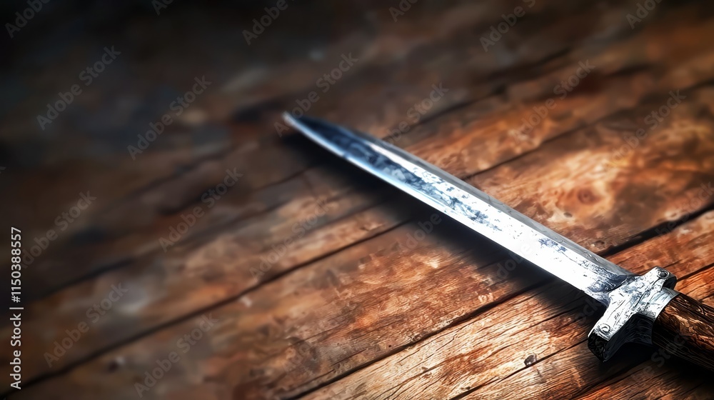 A sword on a wooden table with a dark background A sword on a wooden table with a dark background