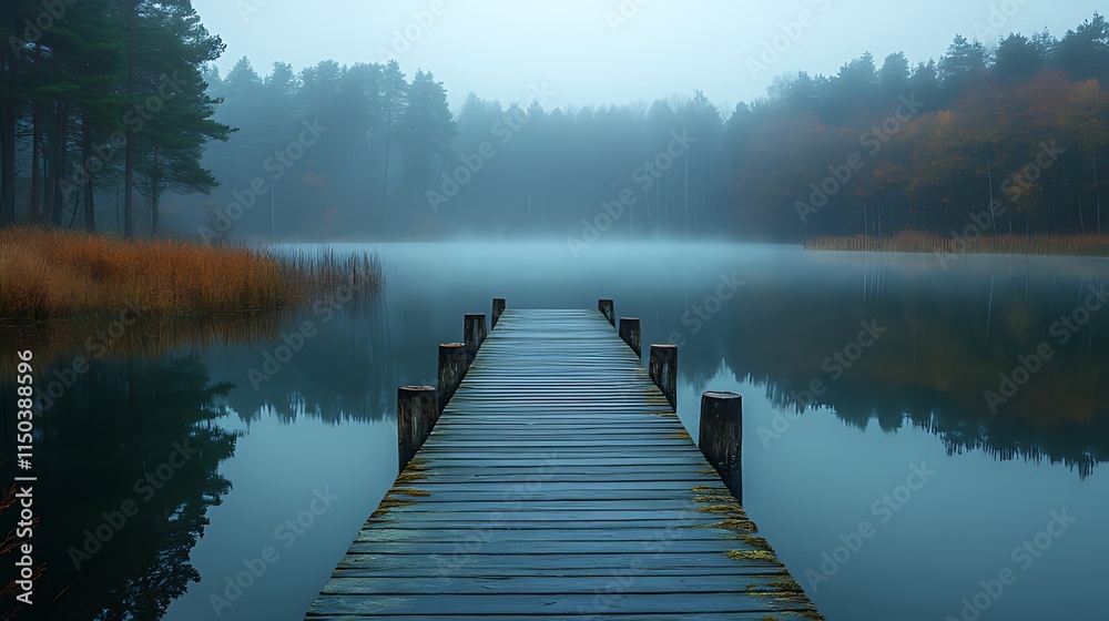 Misty autumn lake with wooden pier extending into the fog, reflecting tranquil scene. Misty autumn lake with wooden pier extending into the fog, reflecting tranquil scene.