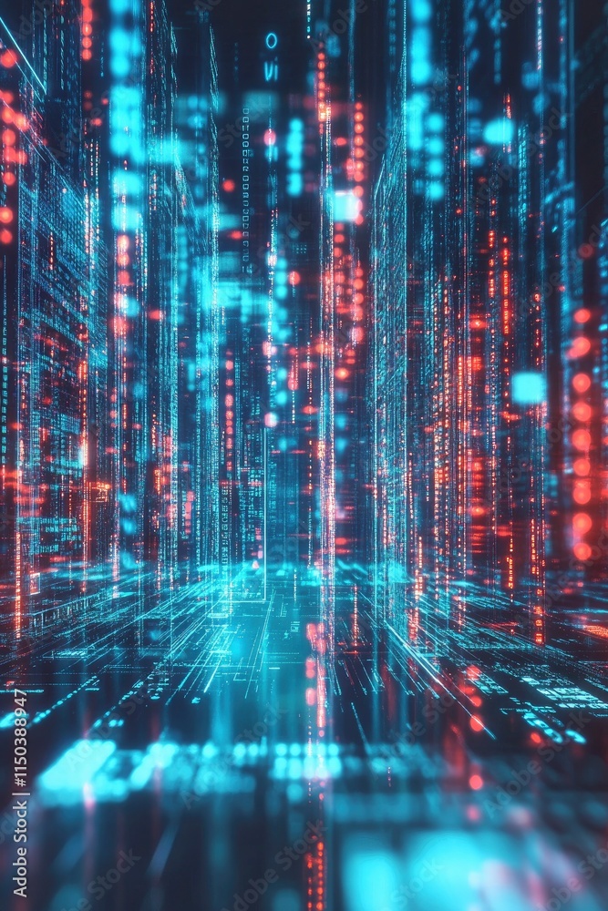 Fototapeta premium represent the dynamic nature of data technology in cybersecurity, futuristic digital background with glowing blue and red holographic code symbols