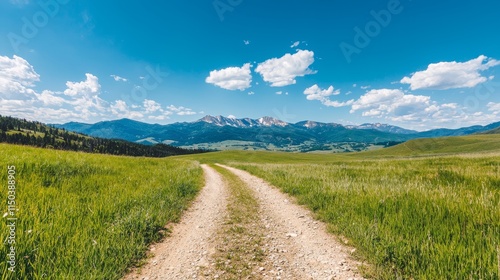 A dirt road in the middle of a grassy field with mountains in the background