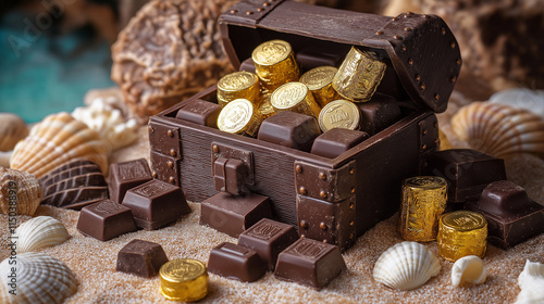 Whimsical chocolate gift shaped like a treasure chest, filled with golden-wrapped chocolate coins, gems, and bars, resting on a sandy surface with seashell accents.