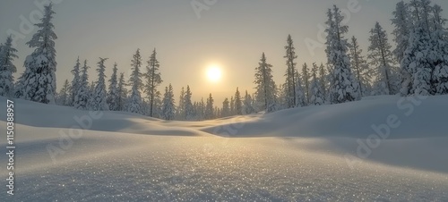 A serene winter landscape featuring snow-covered trees and a bright sun rising in the background, casting a warm glow over the sparkling white snow blanket.