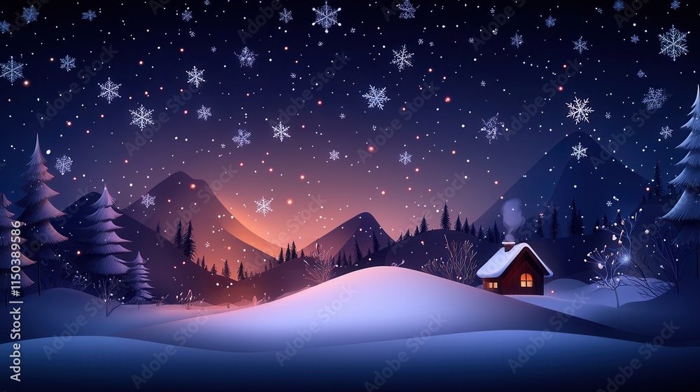 Fototapeta premium Serene Winter Landscape with Snowflakes Falling at Night