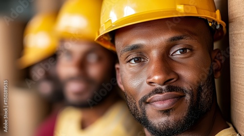 A group of men wearing hard hats standing next to each other