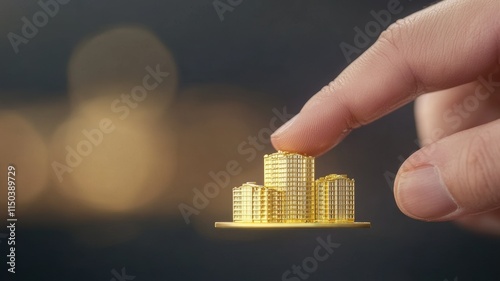 A finger hovering over a miniature golden cityscape model, representing investment real estate. photo