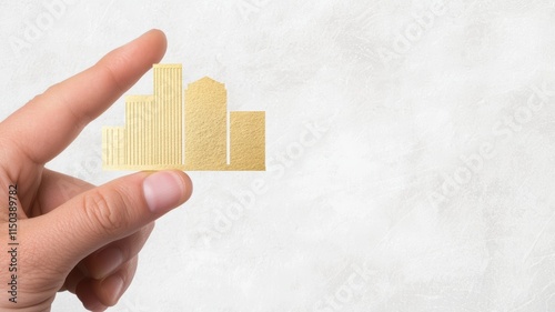 Hand holding a golden building on a textured background, symbolizing investment real estate.