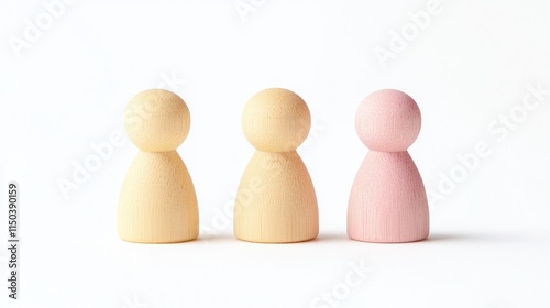 Three wooden figures, two beige, one pink, on white background. photo