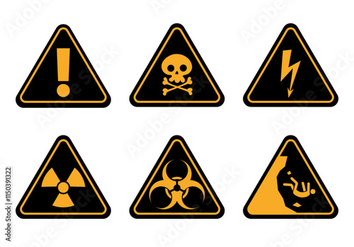 Warning attention pictogram danger safety yellow sign isolated set. Vector flat graphic design illustration