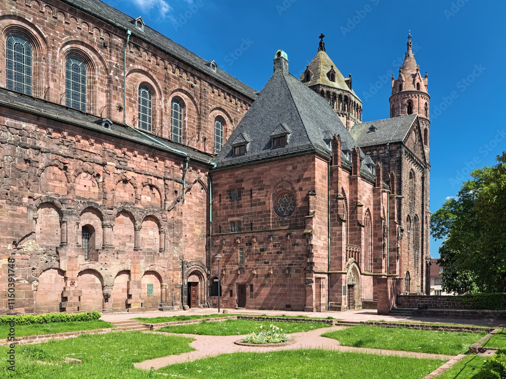 Worms, Germany. Fragment of St. Peter's Cathedral (Worms Cathedral). View from south-west on chapel of St. Nicholas and relicts of the cloister. The cathedral was built from about 1130 to 1181.