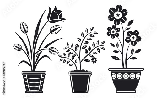 Elegant Black and White Illustrations of Potted Plants with Detailed Floral Designs