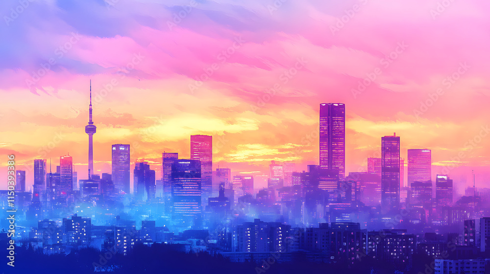 Fototapeta premium A vibrant cityscape at dusk with soft pastel colors blending into a watercolor sky.