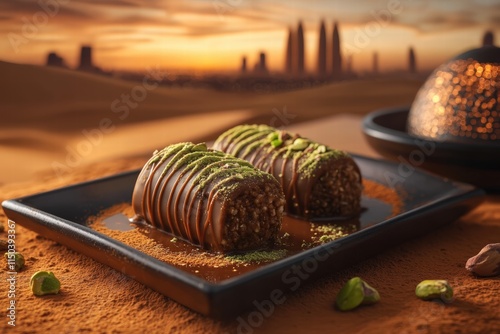 Dubai dessert platter featuring rich milk chocolate filled with warm kunefe, elegantly drizzled with smooth pistachio paste photo