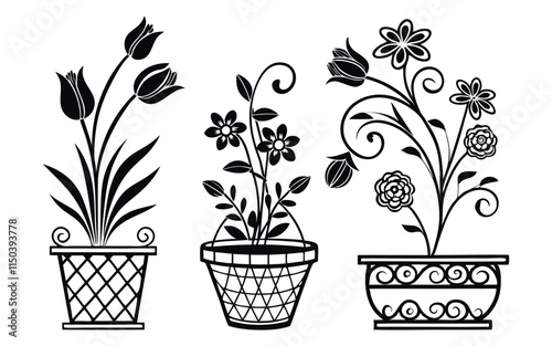 silhouette of potted flowers and watering can in black and white for home decor and design projects a delightful illustration showcasing three potted plants and a watering can in a sleek silhouette.