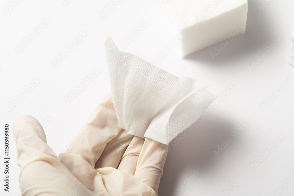 Lot of sterile cleansing swabs, nonwoven swab in hand in glowes Lot of sterile cleansing swabs, nonwoven swab in hand in glowes