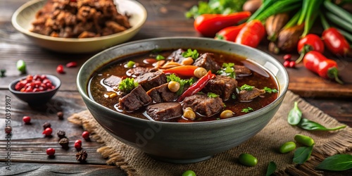 Minimalist Rawon: Indonesian Beef Stew, Dark Broth, Spices, Culinary Heritage photo