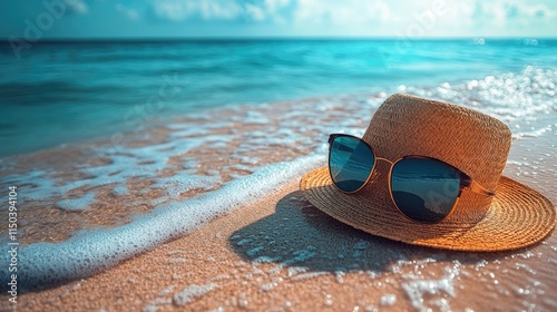 Sunglasses and Straw Hat Resting on Sandy Beach photo