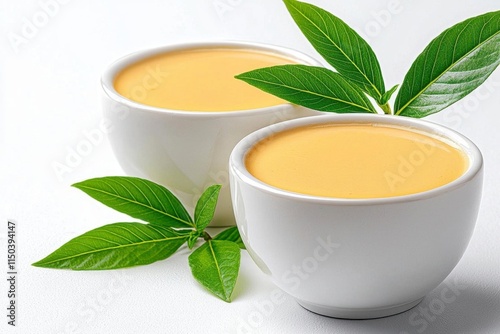 Wallpaper Mural A photostock of creamy vanilla custard in elegant white bowls, smooth and appetizing, isolated on a clean white background, High Quality Torontodigital.ca